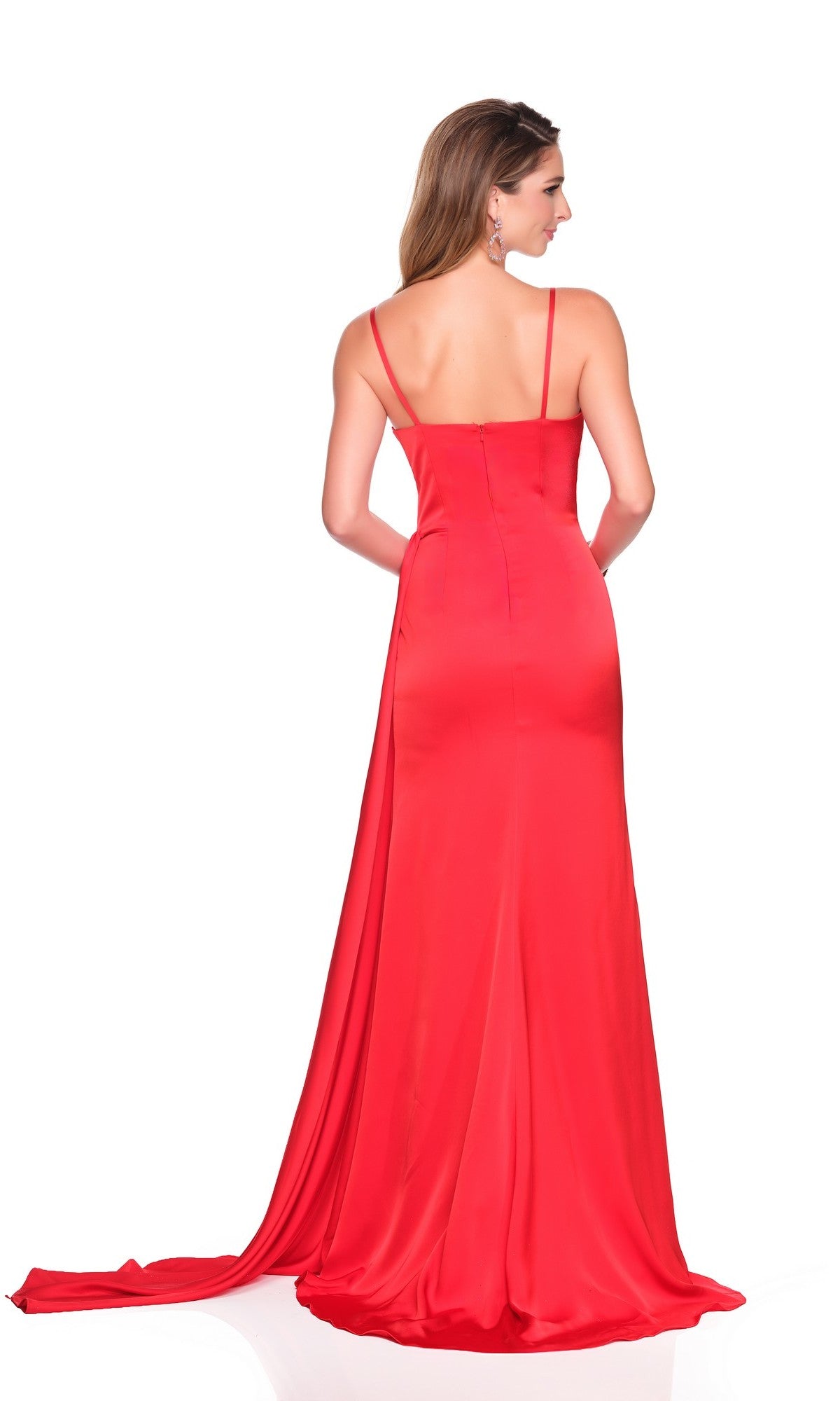 A woman stands with her back to the camera against a white background, wearing the Long Prom Dress: Dave and Johnny 12870, a red satin gown with thin straps.